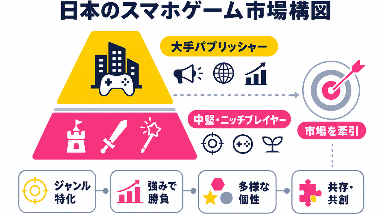 日本のスマホゲーム市場構図｜大手と中堅・ニッチプレイヤーの棲み分け