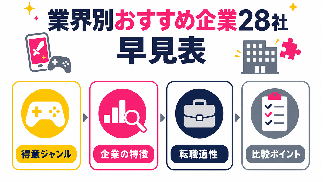 業界別おすすめ企業28社の早見表｜RPG/パズル/シミュレーション等ジャンル別分類