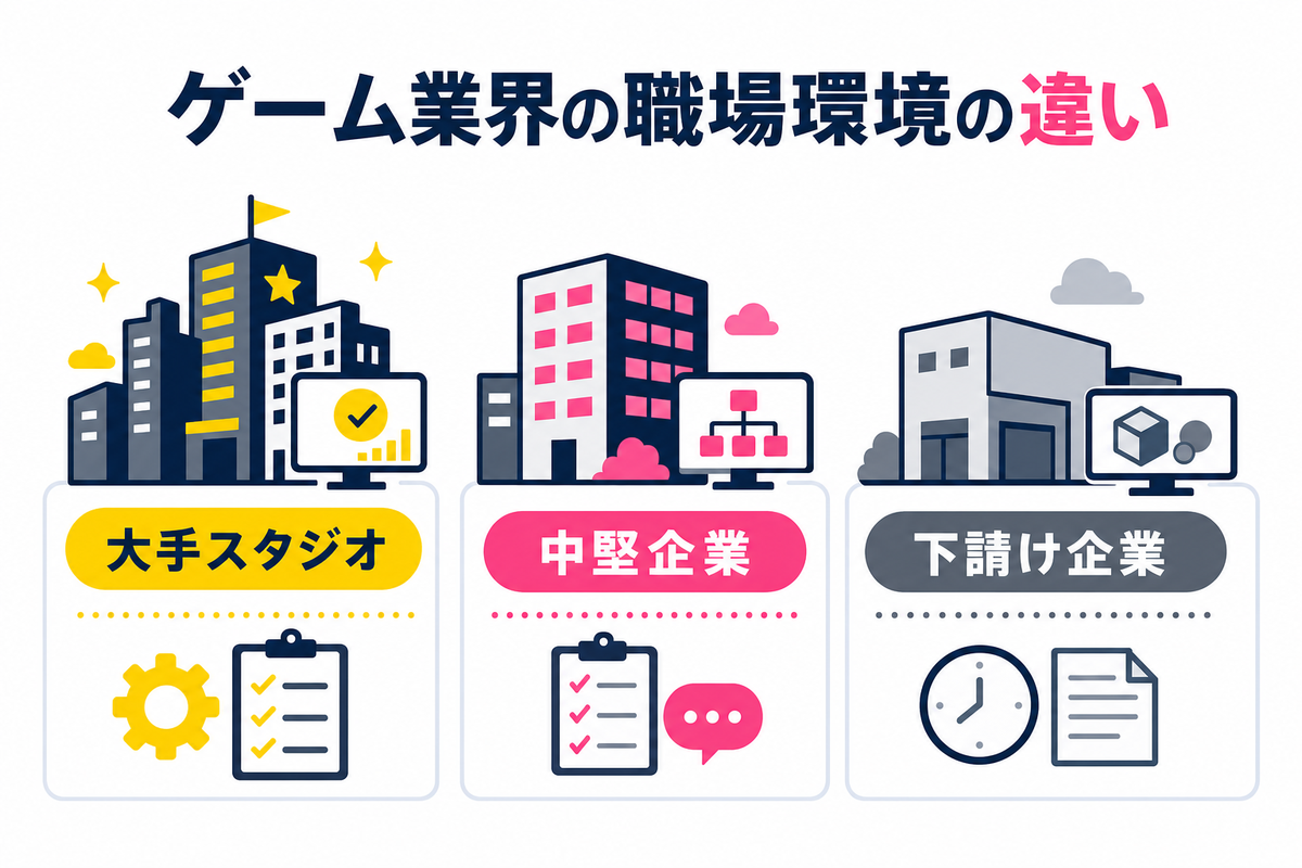 ゲーム業界内での職場環境の違い——大手スタジオ・中堅企業・下請け企業の比較